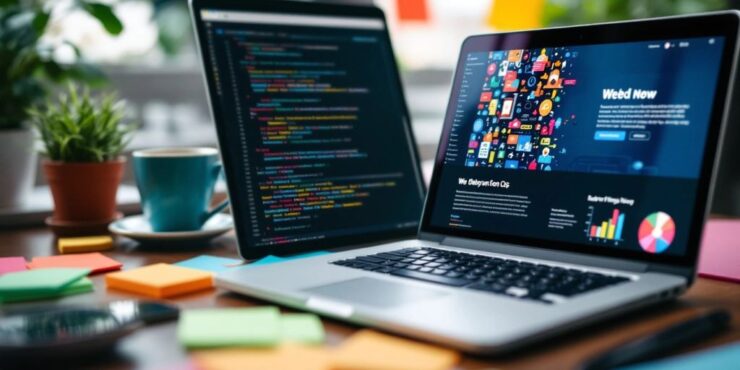 Laptop displaying web design concepts on a desk.