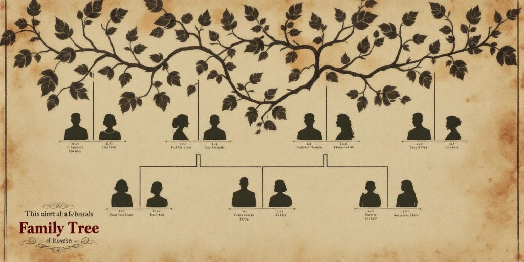 Vintage family tree with branches and silhouettes.