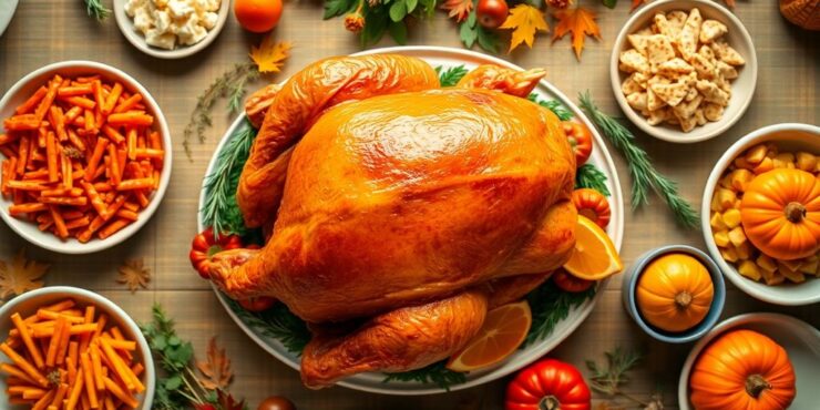 A beautifully roasted turkey on a decorated dining table.