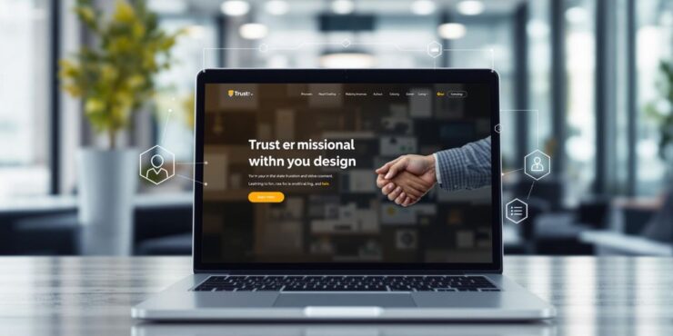 Laptop displaying modern web design in an office setting.