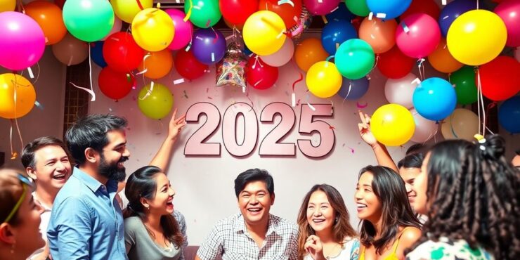 Colorful celebration with balloons and joyful people.